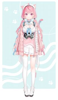 Rule 34 | 1girl, ahoge, animal ears, animal hands, badge, bell, belt, blue bow, blue ribbon, blush, bow, bow legwear, breasts, button badge, cardigan, cat ears, cat girl, cat hair ornament, cat tail, cleavage, closed mouth, commentary request, dress, extra ears, full body, garter straps, hair bow, hair ornament, hairclip, heart, heart print, highres, hood, hooded cardigan, indie virtual youtuber, jingle bell, large breasts, long hair, long sleeves, looking at viewer, low twintails, maid, maid headdress, neck bell, neck ribbon, official art, paw print, pink bow, pink cardigan, pink dress, pink eyes, pink hair, pink tail, ribbon, shoes, single garter strap, single thighhigh, socks, solo, star (symbol), star hair ornament, suspenders, tail, tail ornament, tail ribbon, thigh belt, thigh strap, thighhighs, thighs, twintails, underbust, virtual youtuber, white belt, white dress, white garter straps, white shoes, white socks, white thighhighs, yuuki hagure, yuuki sakuna, yuuki sakuna (3rd costume)