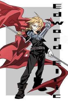 Rule 34 | 1boy, ahoge, automail, bailanlam, belt, black jacket, black pants, black shirt, blonde hair, boots, border, braid, brown belt, brown boots, character name, coat, commentary, cropped jacket, edward elric, full body, fullmetal alchemist, gloves, grey background, hair between eyes, highres, holding, holding weapon, jacket, light smile, long hair, looking at viewer, male focus, mechanical arms, military jacket, military uniform, pants, parted bangs, pocket watch, prosthesis, prosthetic arm, red coat, shirt, single braid, single mechanical arm, solo, standing, untranslatable commentary, unworn coat, watch, weapon, white border, white gloves, yellow eyes