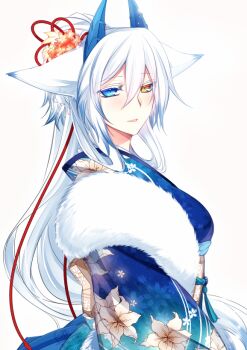 Rule 34 | 1girl, animal ears, blue eyes, dragon horns, female focus, fox ears, heterochromia, horns, japanese clothes, kimono, konshin, long hair, looking at viewer, orie hakua, original, simple background, smile, solo, white background, white hair, yellow eyes
