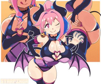 1girl alternate_costume ass ass_focus ass_lift black_bridal_gauntlets black_leotard blue_hair breast_focus breasts bridal_gauntlets claw_pose cleavage colored_inner_hair commentary covered_navel cowboy_shot demon_girl demon_horns demon_tail demon_wings earrings english_commentary fingernails grabbing_own_ass grabbing_own_breast halloween_costume hand_on_own_hip hand_up heart heart_o-ring heart_ring_top highres horns hozuki_kaede jewelry large_breasts leotard looking_at_viewer low_wings multicolored_hair multicolored_leotard multiple_views nail_polish o-ring one_eye_closed onii-chan_wa_oshimai! penis pink_eyes pink_hair pink_nails ponytail purple_leotard sharp_fingernails smile sphere_earrings starfinga tail thighhighs tongue tongue_out two-tone_hair two-tone_leotard v-shaped_eyebrows veins veiny_breasts veiny_penis very_long_fingernails wings