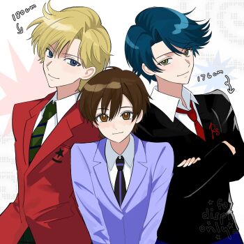 3girls bishoujo_senshi_sailor_moon black_sweater blonde_hair blue_eyes blue_hair blue_jacket brown_eyes brown_hair commentary crossed_arms crossover diagonal-striped_clothes diagonal-striped_necktie emoji_recorder english_commentary fujioka_haruhi gekkan_shoujo_nozaki-kun green_eyes height highres jacket kashima_yuu loose_necktie multiple_crossover multiple_girls necktie ouran_high_school_host_club ouran_high_school_uniform red_jacket red_necktie reverse_trap school_uniform short_hair star_(symbol) striped_clothes sweater ten'ou_haruka trait_connection watermark