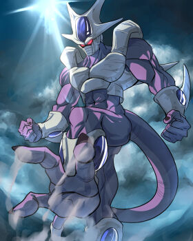 Rule 34 | 1boy, above clouds, abs, alien, armor, black nails, breastplate, clenched hands, cloud, colored skin, commentary request, cooler (dragon ball), cooler (fifth form) (dragon ball), day, dragon ball, dragonball z, glowing, glowing eyes, greymon (nodoame1215), highres, horns, light rays, mask, mouth mask, muscular, muscular male, navel, no pupils, purple skin, red eyes, shoulder armor, solo, spiked armor, spikes, sun, sunbeam, sunlight, tail, vambraces