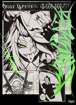 Rule 34 | 1girl, absurdres, commentary, elly (vtuber), english commentary, fingerless gloves, fox mask, gloves, green eyes, greyscale, gun, hair over one eye, heart, highres, holster, indie virtual youtuber, long hair, looking at viewer, mask, mask on head, monochrome, multiple views, one eye covered, open mouth, piercing, poster (object), smile, spot color, st41nn, thigh holster, tongue, tongue out, tongue piercing, tsurime, virtual youtuber, wanted poster, weapon