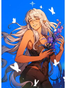 1girl ^_^ baldur's_gate baldur's_gate_3 black_pants blue_background bouquet bug butterfly closed_eyes commentary dungeons_&amp;_dragons dungeons_&amp;_dragons english_commentary flower highres holding holding_bouquet insect long_hair malin_linnn pants pointy_ears purple_flower scar scar_on_face scar_on_nose shadowheart_(baldur's_gate) smile solo white_hair