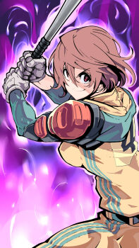 1girl aura baseball_bat baseball_uniform batting_stance belt black_belt brown_hair cinderella_series closed_mouth commentary_request dark_aura gloves grey_gloves hachigatsu_no_cinderella_nine hair_between_eyes highres holding holding_baseball_bat makokujira metal_baseball_bat orange_shirt orange_shorts red_eyes serizawa_musubi shirt short_hair shorts smile solo sportswear