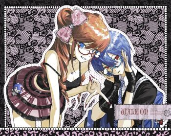 2girls alternate_costume arm_warmers ayanami_rei belt blue_eyes blue_hair border bow breasts character_charm charm_(object) choker cleavage glasses guigui_rongrong gyaru_v hair_bow head_tilt highres jewelry long_hair looking_at_viewer miniskirt multiple_girls nail_polish necklace neon_genesis_evangelion orange_hair outline pink_skirt red_eyes semi-rimless_eyewear short_hair skirt smile souryuu_asuka_langley twintails v