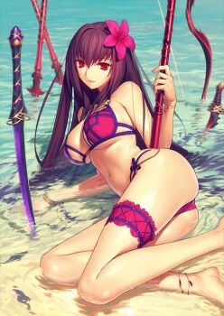 Rule 34 | 1girl, anklet, arm support, ass, bangle, bare arms, bare shoulders, barefoot, beach, bikini, bow (weapon), bracelet, breasts, day, fate/grand order, fate (series), feet out of frame, fingernails, flower, from above, gae bolg (fate), hair between eyes, hair flower, hair intakes, hair ornament, holding, holding polearm, holding weapon, jewelry, knife, koyama hirokazu, large breasts, long hair, looking at viewer, lying, navel, ocean, official art, on side, parted lips, partially submerged, pink bikini, pink flower, pink nails, planted, planted sword, planted weapon, polearm, purple hair, red eyes, scathach (fate), scathach (fate/grand order), scathach (swimsuit assassin) (fate), smile, solo, spear, sunlight, swimsuit, sword, thigh strap, third-party source, throwing knife, underboob, water, weapon, wet