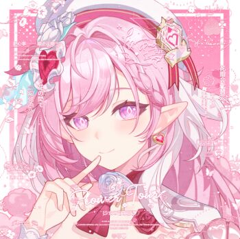 1girl abby_riddle breasts commission diamond-shaped_pupils diamond_(shape) earrings elf elysia_(hi_love_elf)_(honkai_impact) elysia_(honkai_impact) hat heart heart_earrings honkai_(series) honkai_impact_3rd jewelry long_hair multicolored_hair pink_hair pointy_ears portrait purple_eyes smile solo symbol-shaped_pupils two-tone_hair