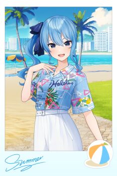 3d :d bad_source ball beach belt blue_eyes blue_hair blue_ribbon blue_shirt blue_sky building buttons clothes_writing cloud cloudy_sky copyright_name curly_hair day earrings grasslands hair_ribbon hand_up hawaiian_shirt highres hololive hololive_super_expo_2024_outfit hoshimachi_suisei jewelry long_hair looking_at_viewer official_alternate_costume official_art one_side_up open_mouth outdoors palm_tree parasol polaroid_photo ribbon seaside shirt short_sleeves shorts single_sidelock sky smile solo star_(symbol) star_earrings star_in_eye striped_ribbon summer symbol_in_eye teeth tree umbrella upper_body upper_teeth_only virtual_youtuber volleyball_(object) white_belt white_shirt white_shorts