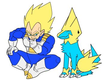 1boy 1girl armor biceps blue_bodysuit bodysuit claws closed_mouth crossover dragon_ball full_body gen_3_pokemon gloves hairstyle_connection highres kirbyranitar looking_at_another manectric muscular nintendo no_humans pokemon pokemon_(creature) signature sitting smile spiked_hair standing super_saiyan super_saiyan_1 transparent_background vegeta white_gloves