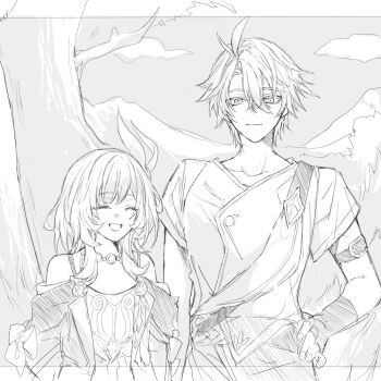 1boy 1girl 3syokuosoba ahoge antenna_hair arm_belt bare_shoulders blunt_bangs closed_eyes collarbone commentary_request couple cyrene_(aedes_elysiae)_(honkai:_star_rail) cyrene_(honkai:_star_rail) detached_sleeves dress fingerless_gloves bad_tag gloves hair_between_eyes hair_ornament hand_on_own_hip happy honkai:_star_rail honkai_(series) huge_ahoge monochrome muscular muscular_male off_shoulder official_alternate_costume outdoors phainon_(a_dream_scented_in_wheat)_(honkai:_star_rail) phainon_(honkai:_star_rail) short_hair standing teeth upper_body wavy_hair wide_sleeves