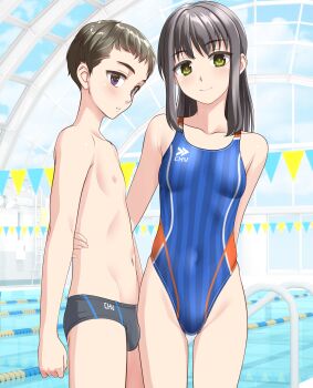 1boy 1girl absurdres age_difference black_eyes black_hair black_male_swimwear blue_one-piece_swimsuit breasts commentary_request competition_swimsuit covered_navel glass_ceiling green_eyes groin highleg highleg_one-piece_swimsuit highres indoors logo male_swimwear medium_hair one-piece_swimsuit onee-shota original pool short_hair small_breasts string_of_flags striped_clothes striped_one-piece_swimsuit swim_briefs swimsuit takafumi thigh_gap variant_set