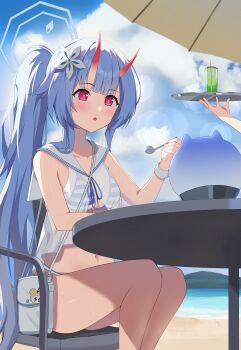1girl 1other bag beach bikini blue_archive blue_bikini blue_hair blue_halo blue_sky blurry blush bokeh center-flap_bangs chise_(blue_archive) chise_(swimsuit)_(blue_archive) cloud commentary depth_of_field drink drinking_straw flower gradient_horns hair_flower hair_ornament halo highres holding holding_spoon holding_tray horns long_hair looking_at_viewer multicolored_horns name_tag navel pink_eyes ponytail rahy sailor_collar sand shoulder_bag skin-covered_horns sky spoon stomach striped_bikini striped_clothes swimsuit tray very_long_hair water white_bag white_bikini white_sailor_collar