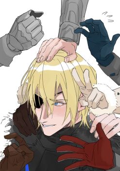 3girls 5boys annette_fantine_dominic annette_fantine_dominic_(timeskip) armor ashe_ubert ashe_ubert_(timeskip) black_armor blonde_hair blue_eyes blue_gloves breastplate brown_gloves commentary dedue_molinaro dedue_molinaro_(timeskip) dimitri_alexandre_blaiddyd dimitri_alexandre_blaiddyd_(timeskip) eyepatch felix_hugo_fraldarius felix_hugo_fraldarius_(timeskip) fingernails fire_emblem fire_emblem:_three_houses flying_sweatdrops fur-trimmed_sleeves fur_trim gauntlets gloves hair_behind_ear hair_between_eyes hand_on_another&#039;s_head hand_on_another&#039;s_shoulder hashtag-only_commentary highres hover_hand ingrid_brandl_galatea ingrid_brandl_galatea_(timeskip) kitsuragi1114 long_sleeves looking_to_the_side male_focus mercedes_von_martritz mercedes_von_martritz_(timeskip) multiple_boys multiple_girls nintendo one_eye_covered parted_lips red_gloves sideways_glance simple_background smile solo_focus sylvain_jose_gautier sylvain_jose_gautier_(timeskip) teeth v white_background white_fur