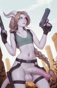 1futa animal_penis artist_name black_gloves blue_sclera blue_shirt bottomless braid braided_ponytail brown_hair colored_sclera colored_skin commentary cosplay cowboy_shot cropped_shirt draenei dual_wielding english_commentary fingerless_gloves flat_chest futanari gloves gun handgun highres holding holding_gun holding_weapon holster horns horse_penis iridi_(malberrybush) lara_croft lara_croft_(cosplay) large_penis long_hair navel outdoors parted_lips penis personal_ami pointy_ears purple_skin shirt signature sleeveless sleeveless_shirt solo testicles thigh_holster thigh_strap tomb_raider uncensored very_long_hair warcraft weapon white_eyes world_of_warcraft