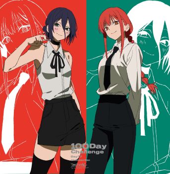 Rule 34 | 2girls, betti (xx betti), black choker, black necktie, black pants, black skirt, blush, chainsaw man, choker, collared shirt, copyright name, cowboy shot, green eyes, hair between eyes, hair bun, highres, looking at viewer, makima (chainsaw man), multiple girls, multiple views, neck ribbon, necktie, pants, ponytail, red hair, reze (chainsaw man), ribbon, ringed eyes, shirt, shirt tucked in, sidelocks, signature, skirt, sleeveless, sleeveless shirt, smile, thighhighs, white shirt