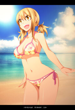 1girl alternate_hairstyle armpits arms_at_sides beach bikini blonde_hair breasts brown_eyes cleavage cleft_of_venus cloud collarbone curvy day deviantart_username eyelashes fairy_tail fingernails floral_print hair_between_eyes hand_tattoo happy highres large_breasts legs looking_afar low_twintails lucy_heartfilia mashima_hiro midriff multicolored_bikini navel neck ocean open_mouth outdoors print_bikini recolor reference_work shiny_clothes shiny_skin short_twintails side-tie_bikini_bottom sideboob sidelocks sky smile solo standing summer sun sunlight swimsuit tattoo thighs toenails toes twintails two-tone_bikini underboob water yellow_bikini