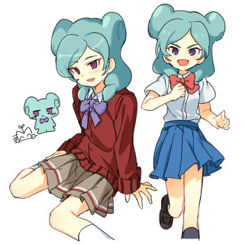 1girl aqua_hair beta_(inazuma_eleven) blue_skirt bow brown_skirt cardigan commentary highres inazuma_eleven_(series) inazuma_eleven_go inazuma_eleven_go_chrono_stone k_i_ju light_blush multiple_views no_pupils open_mouth pleated_skirt purple_bow purple_eyes red_bow red_cardigan school_uniform serafuku shirt skirt white_background white_shirt