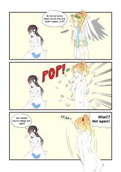 2girls alternate_costume ass blonde_hair brown_hair collarbone comic convenient_censoring covering_breasts covering_crotch covering_privates d.va_(overwatch) english_text exploding_clothes facial_mark from_behind headphones huntchan long_hair mechanical_wings mercy_(overwatch) multiple_girls navel nipples nude overwatch overwatch_1 wings