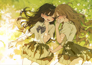 2girls ahoge akatsuki_mikoto aoi_rei black_hair black_skirt blue_bow blue_bowtie blue_eyes blush bow bowtie breasts brown_hair closed_eyes collared_shirt commentary_request cowboy_shot dappled_sunlight diagonal-striped_bow diagonal-striped_bowtie diagonal-striped_clothes dress_shirt from_above hair_between_eyes hair_ornament hairclip hand_to_own_mouth heads_together highres kudo_eru laughing long_hair looking_at_another loose_bowtie lying medium_breasts miniskirt mole mole_under_mouth multiple_girls on_back on_grass on_side one_eye_closed original overexposure pleated_skirt school_uniform shirt shirt_tucked_in short_sleeves signature skirt striped_bow striped_bowtie striped_clothes sunlight twitter_username white_shirt yuri