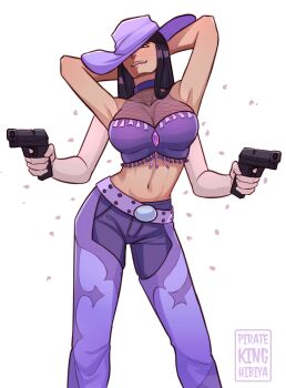 1girl 2024 absurdres arm_behind_head artist_name belt black_hair blunt_bangs breasts cleavage commentary cowboy_shot devil_fruit_power dual_wielding english_commentary extra_arms feet_out_of_frame gun hana_hana_no_mi hat highres holding holding_gun holding_weapon long_hair midriff navel nico_robin one_piece pink_petals pkhibiya purple_hat simple_background smile solo watermark weapon white_background