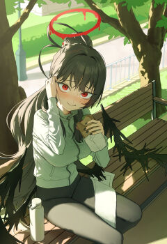 Rule 34 | 1girl, absurdres, adjusting hair, alternate costume, alternate hairstyle, b1026, black hair, black nails, black pants, black wings, blue archive, blush, closed mouth, commentary request, food, halo, highres, holding, holding food, jacket, long hair, looking at viewer, on bench, outdoors, pants, ponytail, red eyes, red halo, sandwich, sitting, smile, solo, tsurugi (blue archive), white jacket, wings