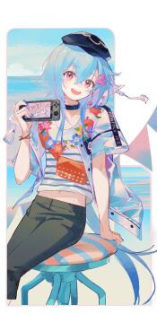 1boy 52hzwhzw :d absurdres arknights beret black_hat black_pants blue_flower blue_hair blue_nails chair cowboy_shot floating_clothes flower flower_necklace flower_wreath hand_on_chair handheld_game_console hashtag-only_commentary hat head_tilt highres holding holding_handheld_game_console jellyfish_hair_ornament jewelry long_hair looking_at_viewer male_focus mizuki_(arknights) mizuki_(summer_feast)_(arknights) nail_polish navel necklace nintendo_switch official_alternate_costume open_mouth pants pink_eyes pink_flower red_flower shirt sitting smile solo striped_clothes striped_shirt trap white_flower yellow_flower