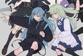 Rule 34 | 5girls, animal ears, arknights, bang dream!, bang dream! it's mygo!!!!!, black gloves, black jacket, black shorts, black socks, blue dress, blue hair, brown eyes, brown shoes, cat girl, cat tail, closed mouth, clothes tug, commentary, dress, english commentary, gloves, green hair, grey background, hair ornament, hairclip, highres, holding, holding sword, holding weapon, horns, jacket, loafers, long hair, long sleeves, misumi uika, misumi uika (perro), multiple girls, nemuireii, pinafore dress, rabbit ears, rabbit girl, shirt, shoes, shorts, sidelocks, simple background, sleeveless, sleeveless dress, socks, sword, tail, togawa sakiko, togawa sakiko (sarkaz), wakaba mutsumi, wakaba mutsumi (cautus), weapon, white shirt, yahata umiri, yahata umiri (lupo), yellow eyes, yuutenji nyamu, yuutenji nyamu (feline)