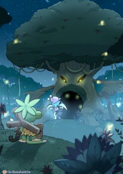 blossomon blue_hair digimon digimon_(creature) goromon grass green_hair hat highres jyureimon looking_at_another maku4es monkey navimon_(digimon) night nintendo parody sky tail the_legend_of_zelda the_legend_of_zelda:_ocarina_of_time tree walking wings