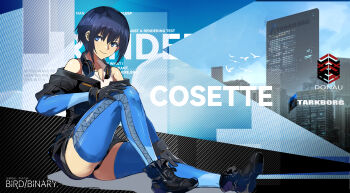 Rule 34 | 1girl, absurdres, bare shoulders, bird/binary, black boots, blue eyes, blue hair, boots, building, city, cityscape, collared shirt, commentary request, hair between eyes, highres, las91214, medium hair, original, scenery, science fiction, shirt, short hair, shorts, sky, skyscraper, smile, solo
