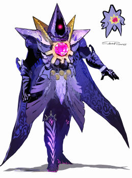 absurdres armor colored_skin full_body gem gen_1_pokemon highres hood humanization long_legs looking_at_viewer mega_pokemon mega_starmie nintendo no_eyes no_humans pokemon pokemon_(creature) purple_armor purple_skin red_eyes red_gemstone redesign signature simple_background starfish starmie sukepmonster