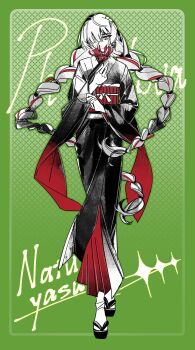 1girl absurdres bandage_over_one_eye bandages braid character_name closed_mouth earrings floating_hair flower full_body gradient_clothes gradient_kimono green_background hair_over_one_eye highres holding holding_flower japanese_clothes jewelry kimono long_hair long_sleeves looking_at_viewer low_twin_braids mixed-language_commentary obi obiage obijime okobo one_eye_covered partially_colored phrolova_(wuthering_waves) platform_sandals pokki961 red_flower sandals sash sidelocks solo spider_lily standing tabi twin_braids very_long_hair wide_sleeves wuthering_waves