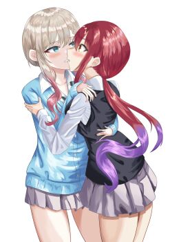 2girls absurdres aqua_eyes bad_girl_(manga) black_sweater_vest black_vest blonde_hair blue_cardigan blue_eyes blush braid brown_eyes cardigan clenched_teeth collarbone collared_shirt commentary_request cowboy_shot eye_contact gradient_hair grey_hair grey_skirt hand_on_another&#039;s_shoulder highres hug imminent_kiss kiss long_hair long_sleeves looking_at_another low_ponytail manimani_(user_gkur4335) miniskirt mizutori_atori multicolored_hair multiple_girls parted_lips pleated_skirt ponytail purple_hair red_hair school_uniform shirt sidelocks simple_background skirt suzukaze_suzu sweater_vest teeth vest white_background white_shirt yellow_eyes yuri