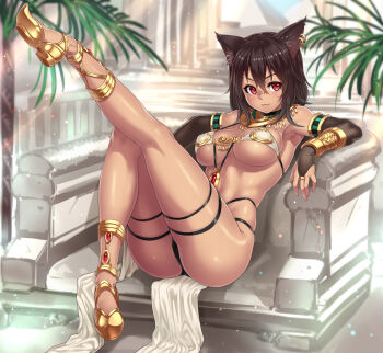 1girl :3 ancient_egyptian animal_ears armlet armpits bare_shoulders bastet_(houtengeki) bastet_(mythology) bikini black_hair blush bracer breasts bridal_gauntlets cat_ears cat_girl dark-skinned_female dark_skin earrings elbow_gloves female_focus gloves gold_trim highres houtengeki jewelry kneepits large_breasts leg_up legs looking_at_viewer lots_of_jewelry necklace open_m/ original pelvic_curtain plant pyramid_(structure) reclining red_eyes revealing_clothes short_hair sideways_glance sitting smile solo swimsuit tan thick_thighs thigh_strap thighs underboob usekh_collar