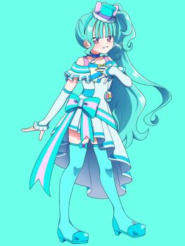 1girl animal_ear_hairband animal_ears aqua_background aqua_boots aqua_bow aqua_hair aqua_hairband aqua_hat aqua_theme arm_warmers bare_shoulders blue_bow blue_choker blunt_bangs boots bow bright_pupils brooch cat_ear_hairband cat_ears choker collarbone commentary cure_lillian dress dress_bow earrings fake_animal_ears frilled_arm_warmers frilled_dress frills hairband hand_on_own_chest hat heart heart_brooch high_heel_boots high_heels high_ponytail high_side_ponytail highres jewelry long_hair looking_at_viewer magical_girl medium_dress mini_hat mini_top_hat multicolored_bow nekoyashiki_mayu off-shoulder_dress off_shoulder pact_holder parted_lips pearl_earrings ponytail pouch precure purple_eyes shiny_cats_pact side_ponytail simple_background smile solo split_mouth standing striped_bow thigh_boots thighhighs tilted_headwear top_hat twitter_username very_long_hair white_arm_warmers white_dress wonderful_precure! yellow_pupils yunapi79 zettai_ryouiki