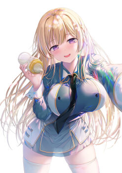 1girl :d baby_bottle black_necktie blonde_hair blue_dress bottle breasts character_request commentary_request dress hair_between_eyes hand_up head_tilt highres holding holding_bottle large_breasts looking_at_viewer necktie open_mouth purple_eyes reaching reaching_towards_viewer simple_background smile solo sousouman teeth thighhighs toshishita_no_josei_kyoukan_ni_kyou_mo_shikatte_itadaketa upper_teeth_only white_background white_thighhighs