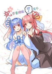 2girls absurdres ajishio anniversary black_dress blue_hair blue_legwear blue_ribbon blunt_bangs character_name commentary dress grin hair_intakes hair_ribbon hand_up highres japanese_clothes knees_up kotonoha_akane kotonoha_aoi long_hair looking_at_viewer multiple_girls open_mouth outstretched_hand red_eyes red_hair red_legwear red_ribbon ribbon seiza siblings sidelocks sisters sitting smile speech_bubble spoken_number translated v voiceroid white_background white_dress