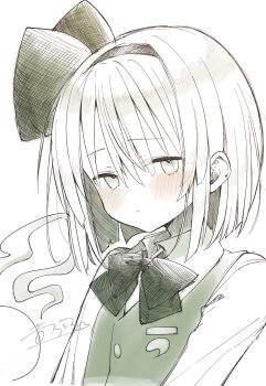 1girl black_bow black_bowtie black_hairband blush bob_cut bow bowtie closed_mouth collared_shirt commentary_request green_vest hair_between_eyes hairband highres konpaku_youmu konpaku_youmu_(ghost) long_sleeves looking_at_viewer otowa_(otoha4634) shirt short_hair signature solo teeth touhou traditional_media upper_teeth_only vest white_shirt