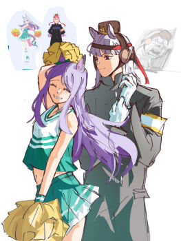 2girls adjusting_clothes adjusting_gloves animal_ears arm_up blue_eyes blunt_bangs cheering cheerleader closed_eyes closed_mouth coat collared_coat crop_top earmuffs gloves gold_ship_(umamusume) green_coat green_shirt green_skirt grey_hair grin hands_up hat highres holding holding_pom_poms horse_ears horse_girl lampy_uikoko long_hair long_sleeves looking_at_another mejiro_mcqueen_(umamusume) midriff multiple_girls parted_bangs parted_lips pillbox_hat pleated_skirt pom_pom_(cheerleading) pom_poms purple_hair red_hat shirt simple_background skirt sleeveless sleeveless_shirt smile two-tone_shirt umamusume very_long_hair white_background white_gloves white_shirt yuri