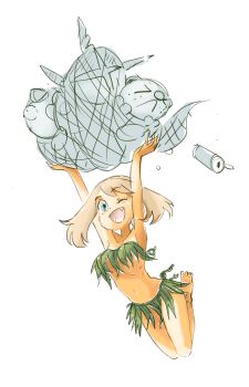 1girl ;d armpits arms_up bikini blue_eyes breasts brown_hair fang gen_3_pokemon gen_4_pokemon gen_5_pokemon highres leaf_bikini may_(pokemon) navel nintendo one_eye_closed open_mouth oshawott piplup pokemon pokemon_(creature) pokemon_adventures sharpedo smile u4_99384295 white_background