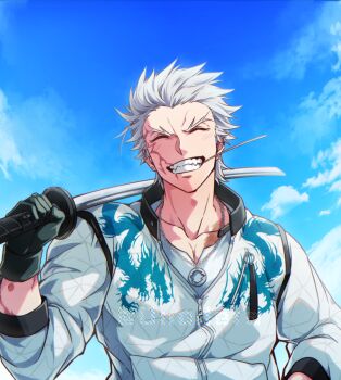 0nodera 1boy black_gloves blue_sky closed_eyes collarbone commentary_request dragon_print facing_viewer fate/grand_order fate_(series) forked_hair gloves grey_hair grin happy holding holding_sword holding_weapon jacket male_focus mouth_hold nagakura_shinpachi_(fate) over_shoulder pectoral_cleavage pectorals sky smile solo stalk_in_mouth sword sword_over_shoulder upper_body weapon weapon_over_shoulder white_jacket