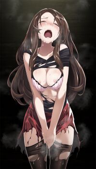 1girl after_rape black_background black_pantyhose black_shirt bra breasts brown_hair closed_eyes covering_crotch covering_privates cowboy_shot crying crying_with_eyes_closed facing_viewer female_focus highres long_hair medium_breasts miniskirt nintendo nipples open_mouth pantyhose pink_bra pleated_skirt pokemon pokemon_xy red_skirt serena_(pokemon) shirt skirt solo standing steam straight_hair torn_clothes torn_pantyhose torn_shirt torn_skirt tsukishiro_saika underwear very_long_hair