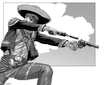 1boy absurdres bandolier belt decomposedtaco dual_wielding fallout fallout:_new_vegas ghoul_(fallout) gloves greyscale gun handgun highres holding holding_gun holding_weapon jacket male_focus monochrome raul_tejada revolver thigh_strap weapon