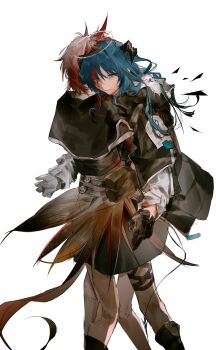 2girls absurdres arknights black_gloves black_skirt blue_eyes blue_hair chinese_commentary commentary_request fiammetta_(arknights) gloves halo highres horns hug long_hair long_sleeves lu_bian_de_yecao_zai_changge mostima_(arknights) multiple_girls red_hair shirt short_hair simple_background skirt white_background white_gloves white_shirt yuri