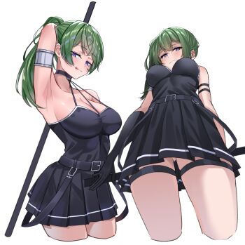 1girl arm_behind_back armpits bare_shoulders black_choker black_dress breasts choker cleavage commentary cowboy_shot cropped_legs dress from_below grey_hair highres large_breasts licking_lips long_hair multiple_views ponytail presenting_armpit purple_eyes simple_background sousou_no_frieren thighs tongue tongue_out ubel_(sousou_no_frieren) uyufuzi_s white_background