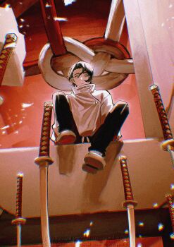 1boy absurdres black_hair black_pants chromatic_aberration code3755 commentary_request film_grain from_behind full_body highres jacket jujutsu_kaisen jujutsu_tech_uniform katana male_focus okkotsu_yuuta pants planted planted_sword planted_weapon shoes sitting solo sword weapon white_eyes white_jacket white_shoes