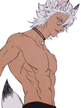1boy animal_ears closed_mouth dark-skinned_male dark_skin fang grey_hair jack_howl jewelry male_focus mineco000 necklace pectorals short_hair solo tail toned toned_male topless_male twisted_wonderland white_background wolf_boy yellow_eyes