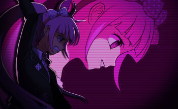1girl angry arms_up artist_name black_jacket bow child danganronpa_(series) danganronpa_another_episode:_ultra_despair_girls eyebrows eyelashes fake_horns female_focus horned_headwear horns jacket long_hair matching_hair/eyes multiple_views open_mouth pink_eyes pink_hair pink_horns pink_ribbon polka_dot polka_dot_bow ribbon school_uniform shirt signature simple_background solo_focus standing teeth twintails utsugi_kotoko vignette white_bow white_shirt wisterimist