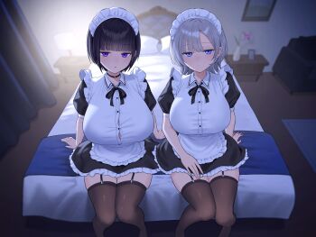 2girls apron bed bed_sheet black_choker black_dress black_garter_straps black_hair black_thighhighs blue_eyes blunt_bangs breasts bursting_breasts choker curtains dress expressionless flower garter_straps grey_hair highres huge_breasts indoors jfjf lamp large_breasts maid maid_apron maid_headdress multiple_girls on_bed orchid original picture_frame pillow purple_eyes rug short_hair short_sleeves sitting thighhighs vase