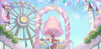 Rule 34 | amusement park, arch, arched window, argyle clothes, argyle shorts, artist request, asymmetrical sleeves, atmospheric perspective, baggy shorts, balloon, black thighhighs, blue hair, blue pants, blue sky, breasts, building, bush, carousel, cherry blossoms, clown, clown mask, clown nose, confetti, contrast collar, day, ferris wheel, fireworks, flag, floral arch, flower, gloves, gold choker, hat, helga (tales weaver), highres, jester, jester cap, jester costume, juliet sleeves, long sleeves, mark under eye, market stall, mask, medium breasts, midriff, mismatched sleeves, muntins, navel, nexon, official art, pants, pennant, pink flower, plant, potted plant, print hat, puffy sleeves, red gloves, red hat, red nose, red sleeves, red tube top, second-party source, short hair, sky, spire, star (symbol), star print, steeple, strapless, tales weaver, thighhighs, tower, tree, tube top, two-tone hat, two-tone shirt, white hair, white pants, wide sleeves, window, yellow sleeves